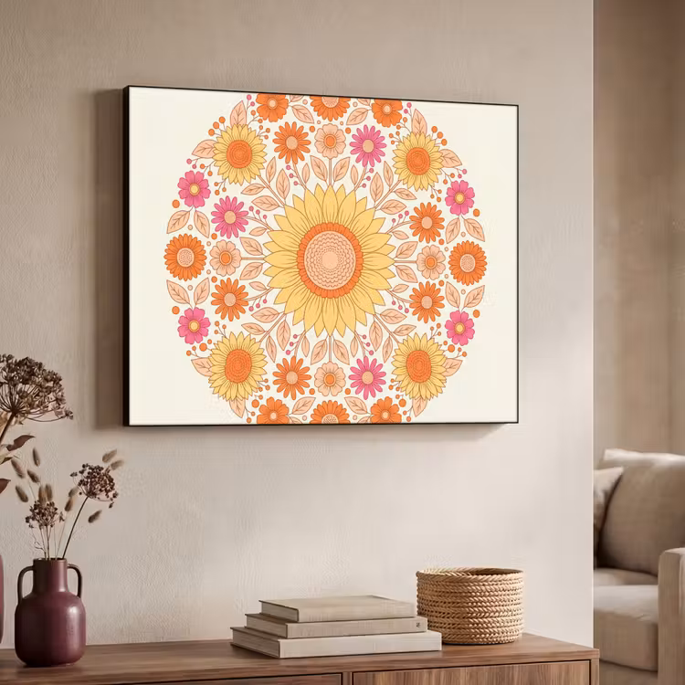 Bloemen - Mandala - Patroon - Kleurrijk Textielframe zwart klein -sfeer3