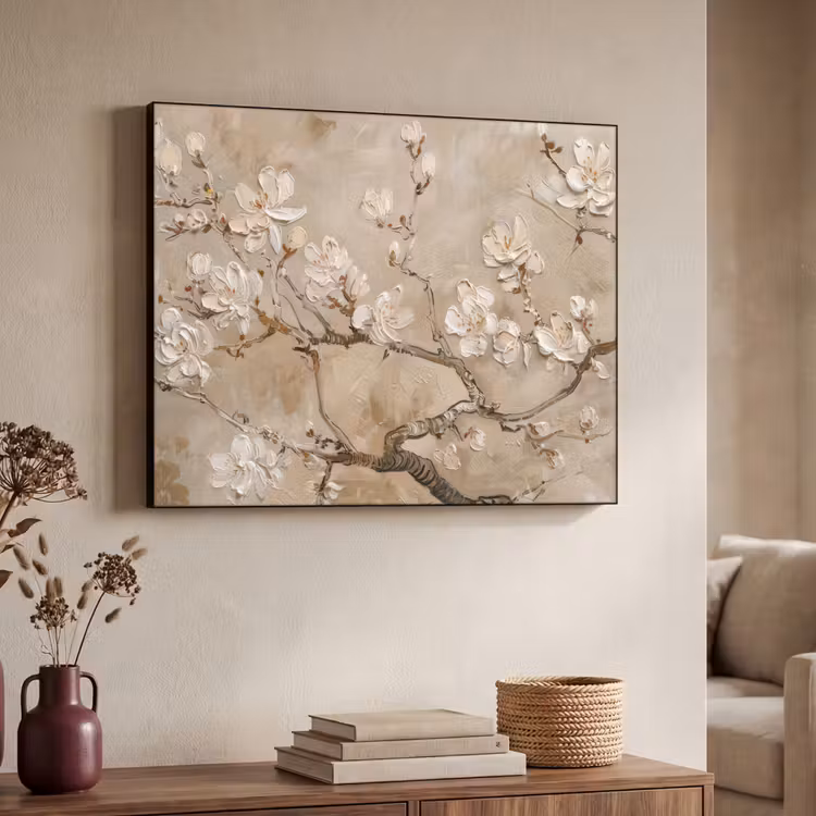 Bloemen - Modern - Beige - Wit - Bloesem Textielframe zwart klein -sfeer3