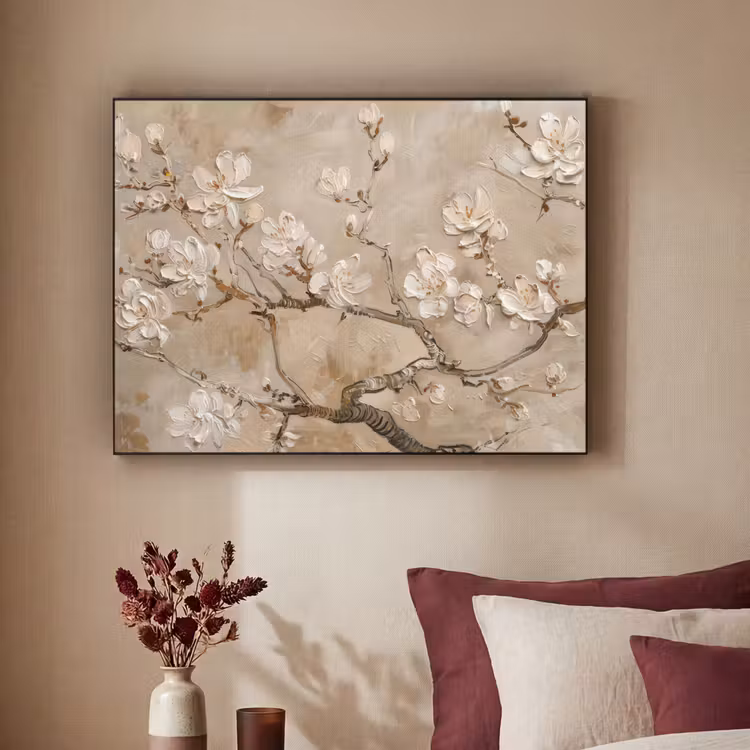 Bloemen - Modern - Beige - Wit - Bloesem Textielframe zwart klein -sfeer1