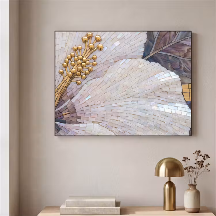 Bloemen - Mozaïek - Kunst - Modern - Goud Textielframe zwart klein -sfeer2