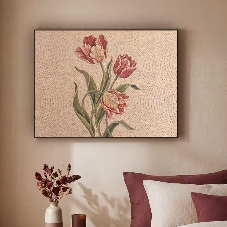 Bloemen - Mozaïek - Rood - Groen - Kunst Textielframe zwart klein -sfeer1