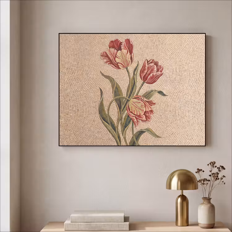 Bloemen - Mozaïek - Rood - Groen - Kunst Textielframe zwart klein -sfeer2
