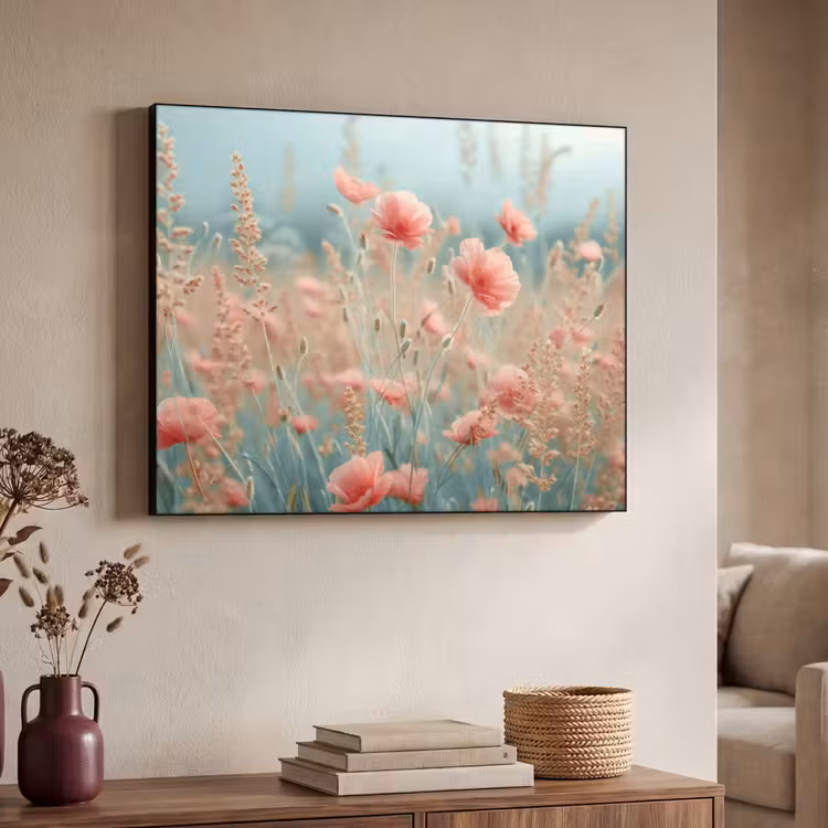 Bloemen - Natuur - Klaprozen - Bloemenveld Textielframe zwart klein -sfeer3