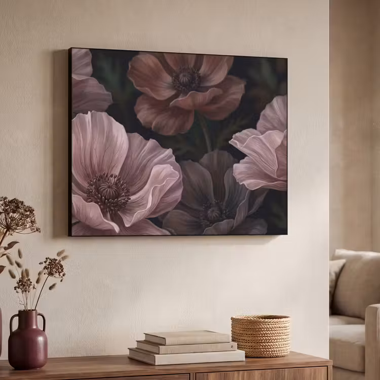 Bloemen - Natuur - Roze - Donker - Modern Textielframe zwart klein -sfeer3