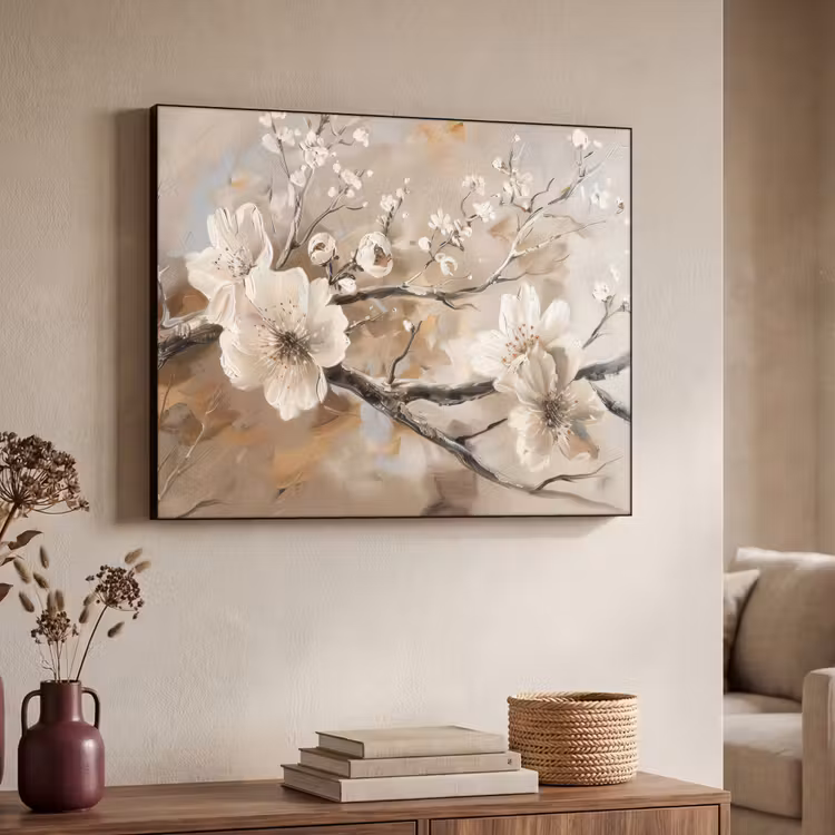 Bloemen - Natuur - Wit - Bloesem - Abstract Textielframe - compleet frame klein -sfeer3