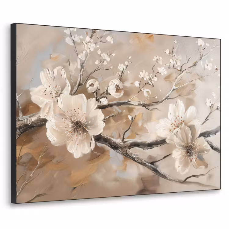 Bloemen - Natuur - Wit - Bloesem - Abstract Textielframe zwart klein -3d