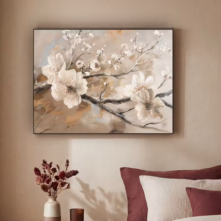 Bloemen - Natuur - Wit - Bloesem - Abstract Textielframe zwart klein -sfeer1