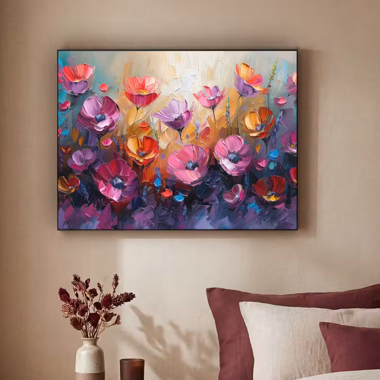Bloemen - Paars - Kleurrijk - Handgeschilderd - Kunst Textielframe zwart klein -sfeer1