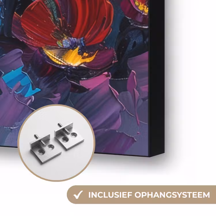 Bloemen - Paars - Kleurrijk - Handgeschilderd - Kunst Textielframe zwart klein -USP_ophangsysteemNL