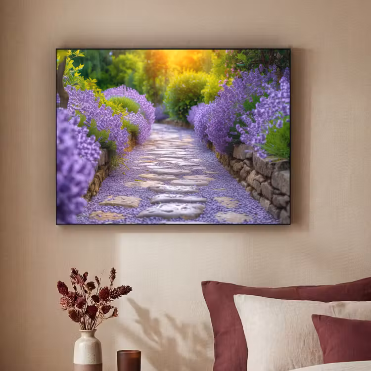 Bloemen - Pad - lavendel - Tuin Textielframe zwart klein -sfeer1