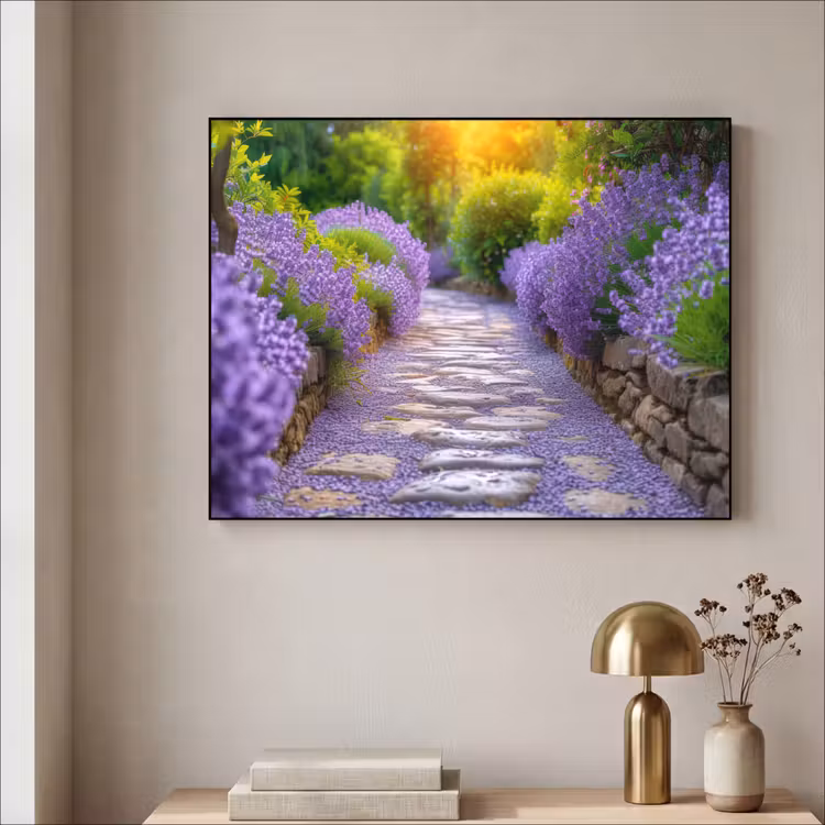Bloemen - Pad - lavendel - Tuin Textielframe zwart klein -sfeer2