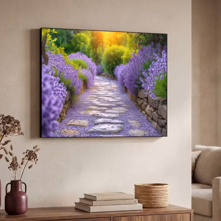Bloemen - Pad - lavendel - Tuin Textielframe zwart klein -sfeer3