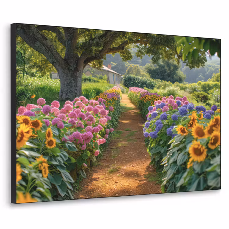 Bloemen - Pad - Zonnebloemen - Tuin - Hortensia Textielframe zwart klein -3d