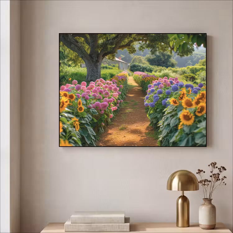 Bloemen - Pad - Zonnebloemen - Tuin - Hortensia Textielframe zwart klein -sfeer2