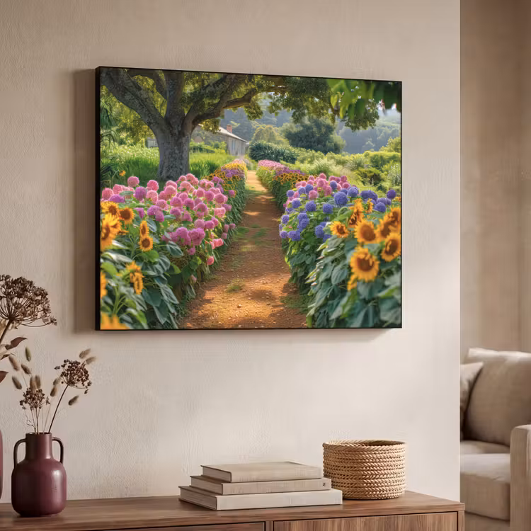 Bloemen - Pad - Zonnebloemen - Tuin - Hortensia Textielframe zwart klein -sfeer3