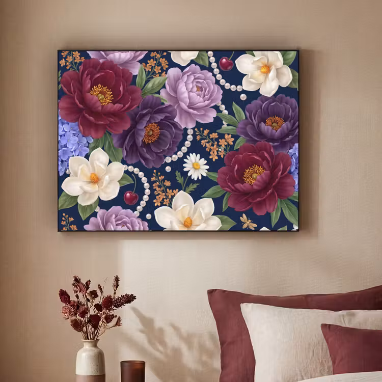 Bloemen - Parels - Decoratie - Modern - Blauw Textielframe zwart klein -sfeer1
