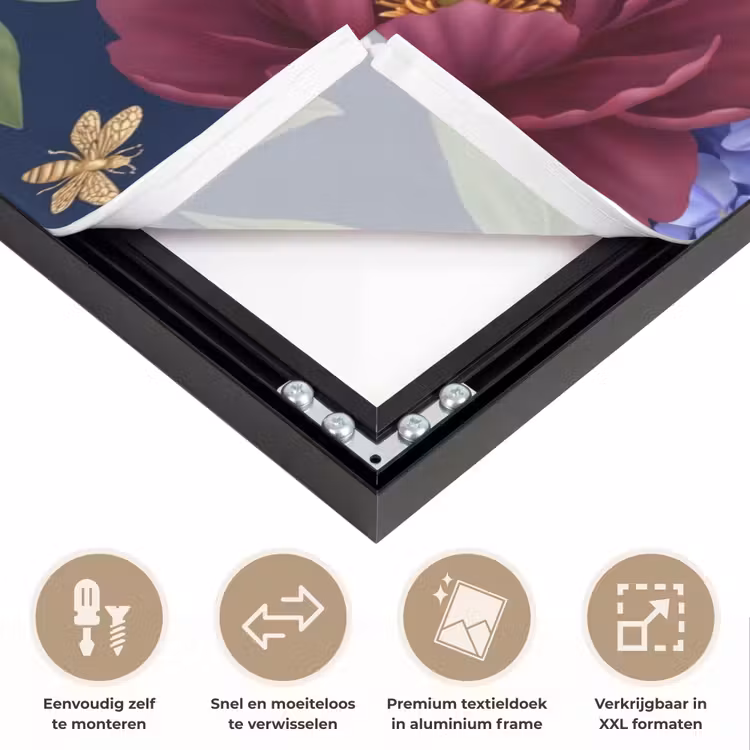 Bloemen - Parels - Decoratie - Modern - Blauw Textielframe zwart klein -USP_closeupNL