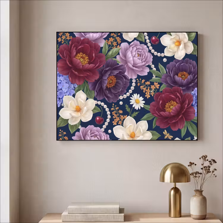 Bloemen - Parels - Decoratie - Modern - Blauw Textielframe zwart klein -sfeer2