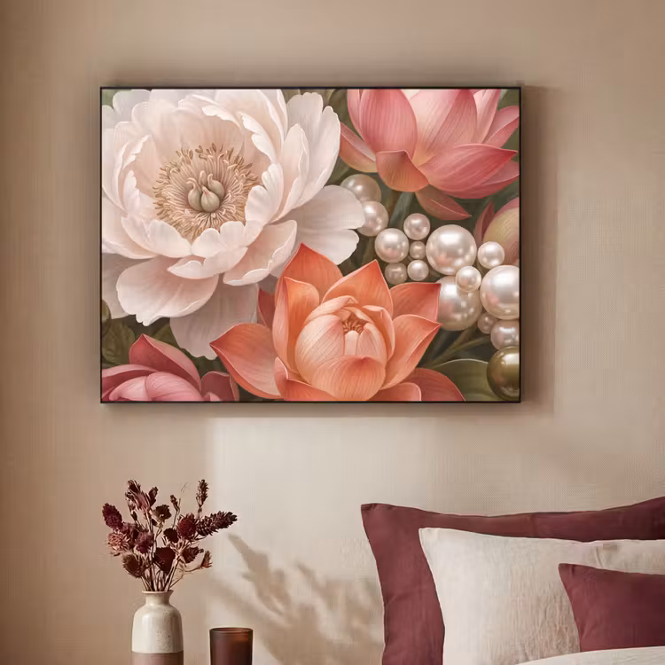 Bloemen - Parels - Elegant - Roze - Wit Textielframe zwart klein -sfeer1
