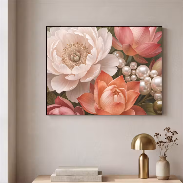 Bloemen - Parels - Elegant - Roze - Wit Textielframe zwart klein -sfeer2