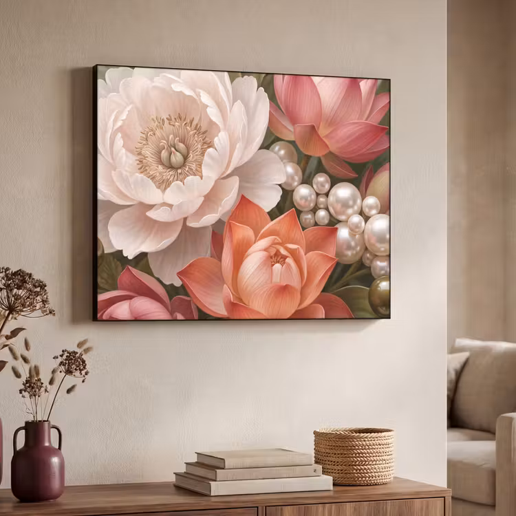 Bloemen - Parels - Elegant - Roze - Wit Textielframe zwart klein -sfeer3