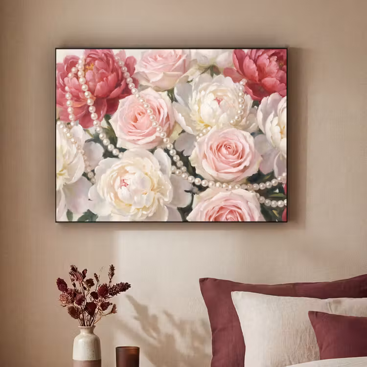 Bloemen - Parels - Romantiek - Klassiek - Roze Textielframe zwart klein -sfeer1