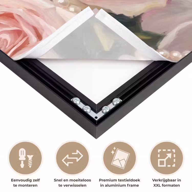Bloemen - Parels - Romantiek - Klassiek - Roze Textielframe zwart klein -USP_closeupNL