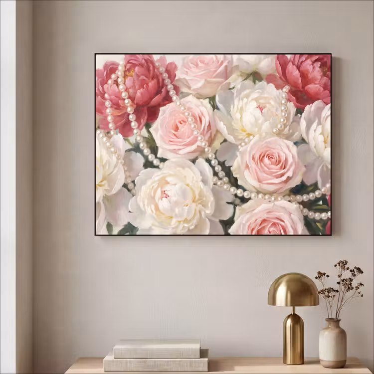 Bloemen - Parels - Romantiek - Klassiek - Roze Textielframe zwart klein -sfeer2
