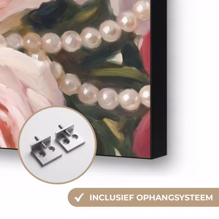 Bloemen - Parels - Romantiek - Klassiek - Roze Textielframe zwart klein -USP_ophangsysteemNL