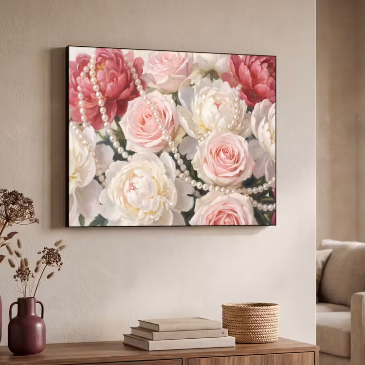 Bloemen - Parels - Romantiek - Klassiek - Roze Textielframe zwart klein -sfeer3