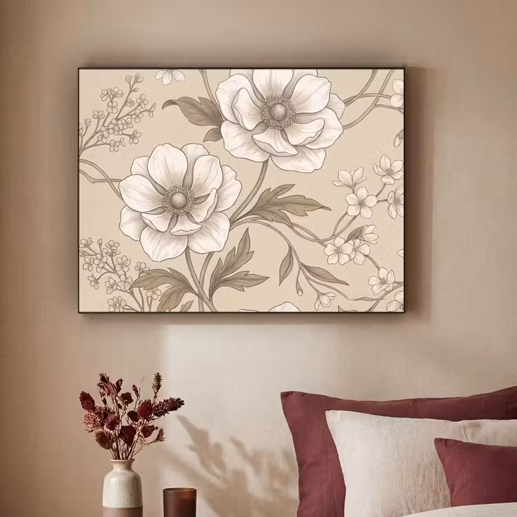Bloemen - Patroon - Beige Textielframe zwart klein -sfeer1