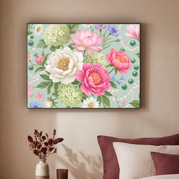 Bloemen - Patroon - Botanisch - Groen Textielframe zwart klein -sfeer1