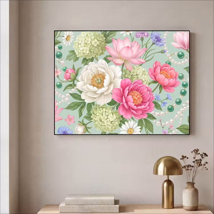 Bloemen - Patroon - Botanisch - Groen Textielframe zwart klein -sfeer2