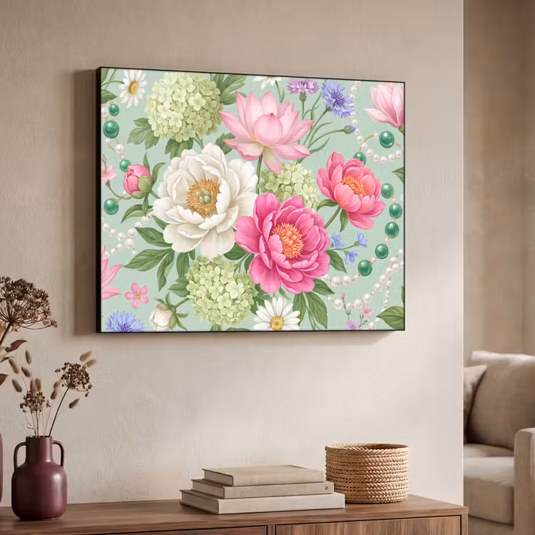 Bloemen - Patroon - Botanisch - Groen Textielframe zwart klein -sfeer3