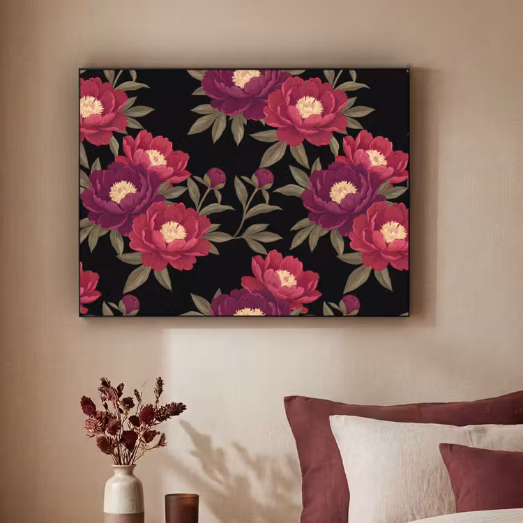 Bloemen - Patroon - Botanisch - Rood - Zwart Textielframe zwart klein -sfeer1