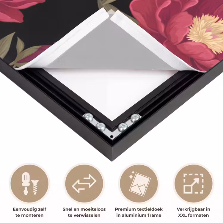 Bloemen - Patroon - Botanisch - Rood - Zwart Textielframe zwart klein -USP_closeupNL
