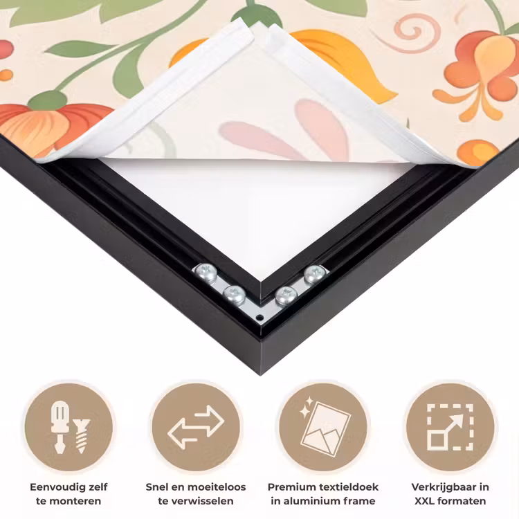 Bloemen - Patroon - Decoratief - Oranje Textielframe zwart klein -USP_closeupNL