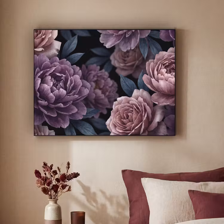 Bloemen - Patroon - Donker - Botanisch - Paars Textielframe zwart klein -sfeer1