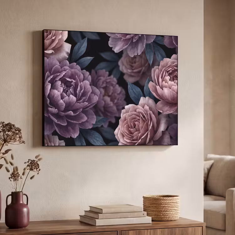 Bloemen - Patroon - Donker - Botanisch - Paars Textielframe zwart klein -sfeer3