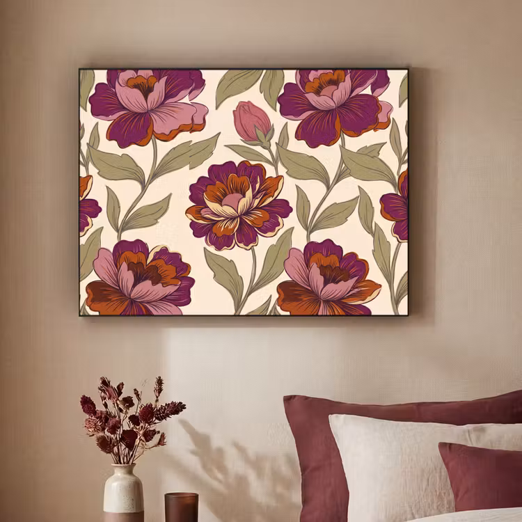 Bloemen - Patroon - Natuur - Modern - Paars Textielframe zwart klein -sfeer1