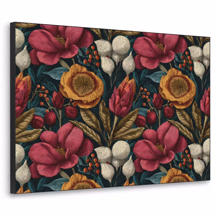 Bloemen - Patroon - Rood - Goud Textielframe zwart klein 947 -3d