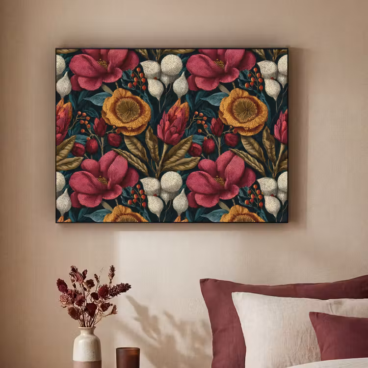 Bloemen - Patroon - Rood - Goud Textielframe zwart klein 947 -sfeer1
