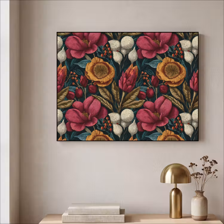 Bloemen - Patroon - Rood - Goud Textielframe zwart klein 947 -sfeer2
