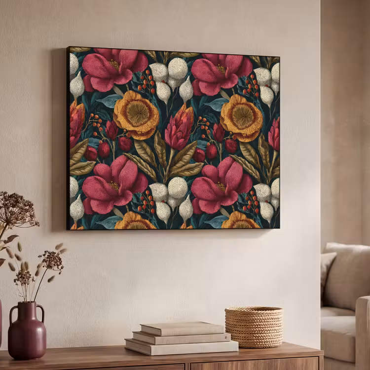 Bloemen - Patroon - Rood - Goud Textielframe zwart klein 947 -sfeer3