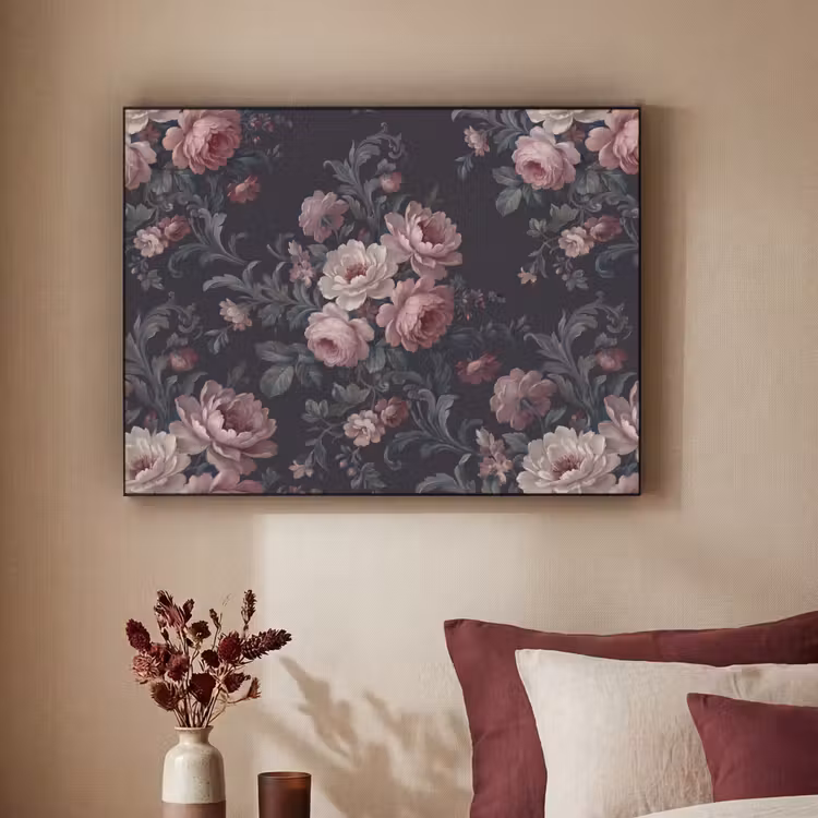 Bloemen - Patroon - Sierlijk - Roze - Donker Textielframe zwart klein -sfeer1