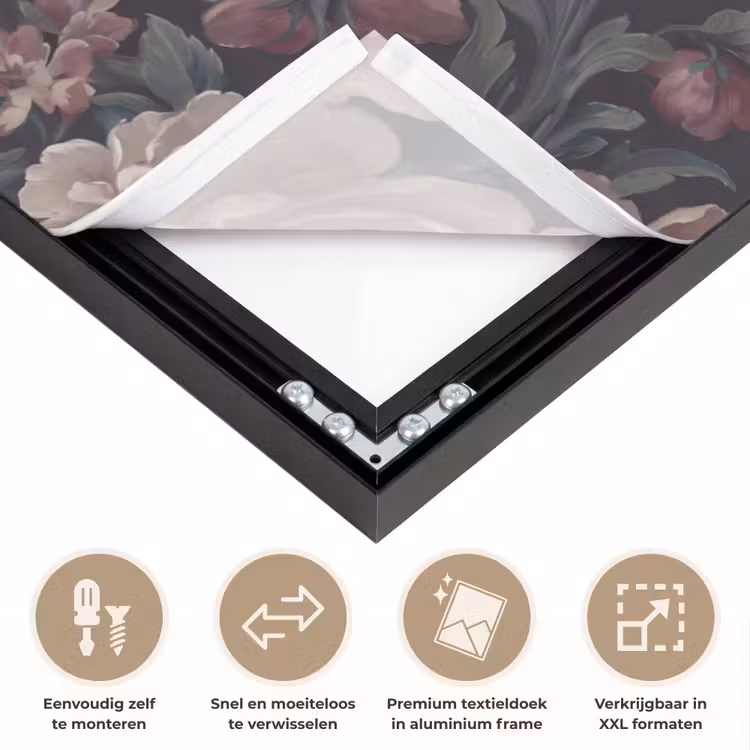 Bloemen - Patroon - Sierlijk - Roze - Donker Textielframe zwart klein -USP_closeupNL
