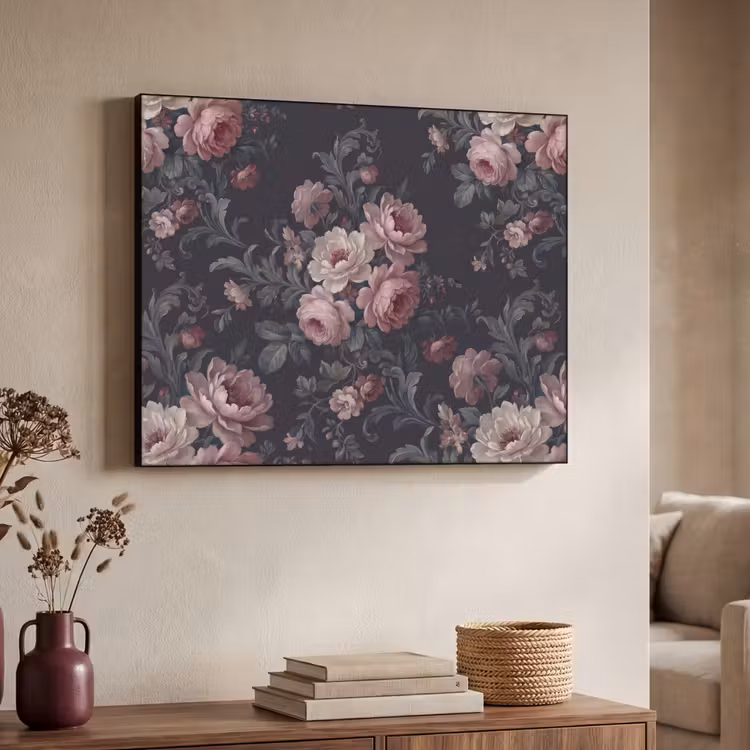Bloemen - Patroon - Sierlijk - Roze - Donker Textielframe zwart klein -sfeer3