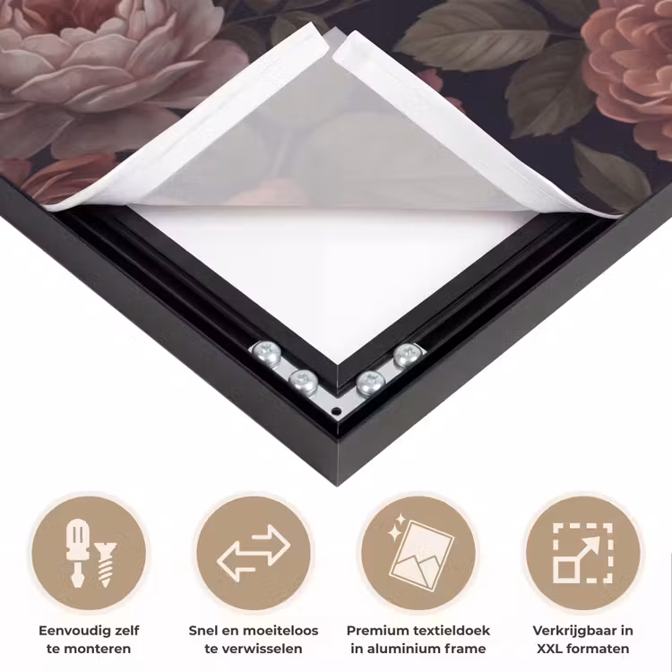 Bloemen - Patroon - Vintage - Donker - Roze Textielframe zwart klein -USP_closeupNL