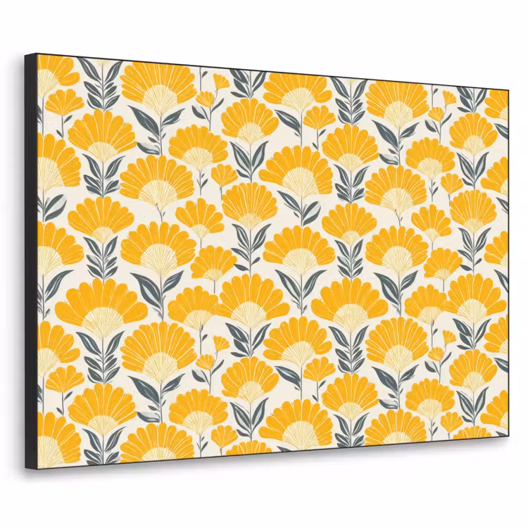 Bloemen - Retro - Botanisch - Okergeel - Grijs Textielframe zwart klein 947 -3d