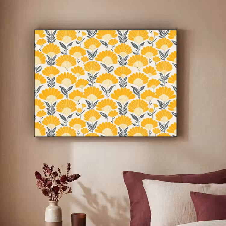 Bloemen - Retro - Botanisch - Okergeel - Grijs Textielframe zwart klein 947 -sfeer1